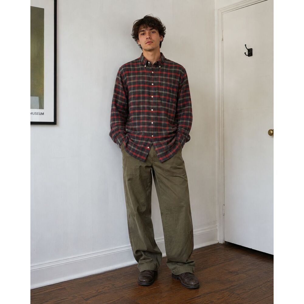 Portuguese Flannel Red Gray Plaid Button Up Long Sleeve Shirt  Mens Size Medium